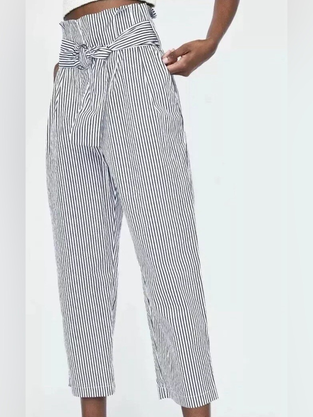 Zara Basic Navy+White Pinstripe Belted Trouser Pants • Cotton • Size Small